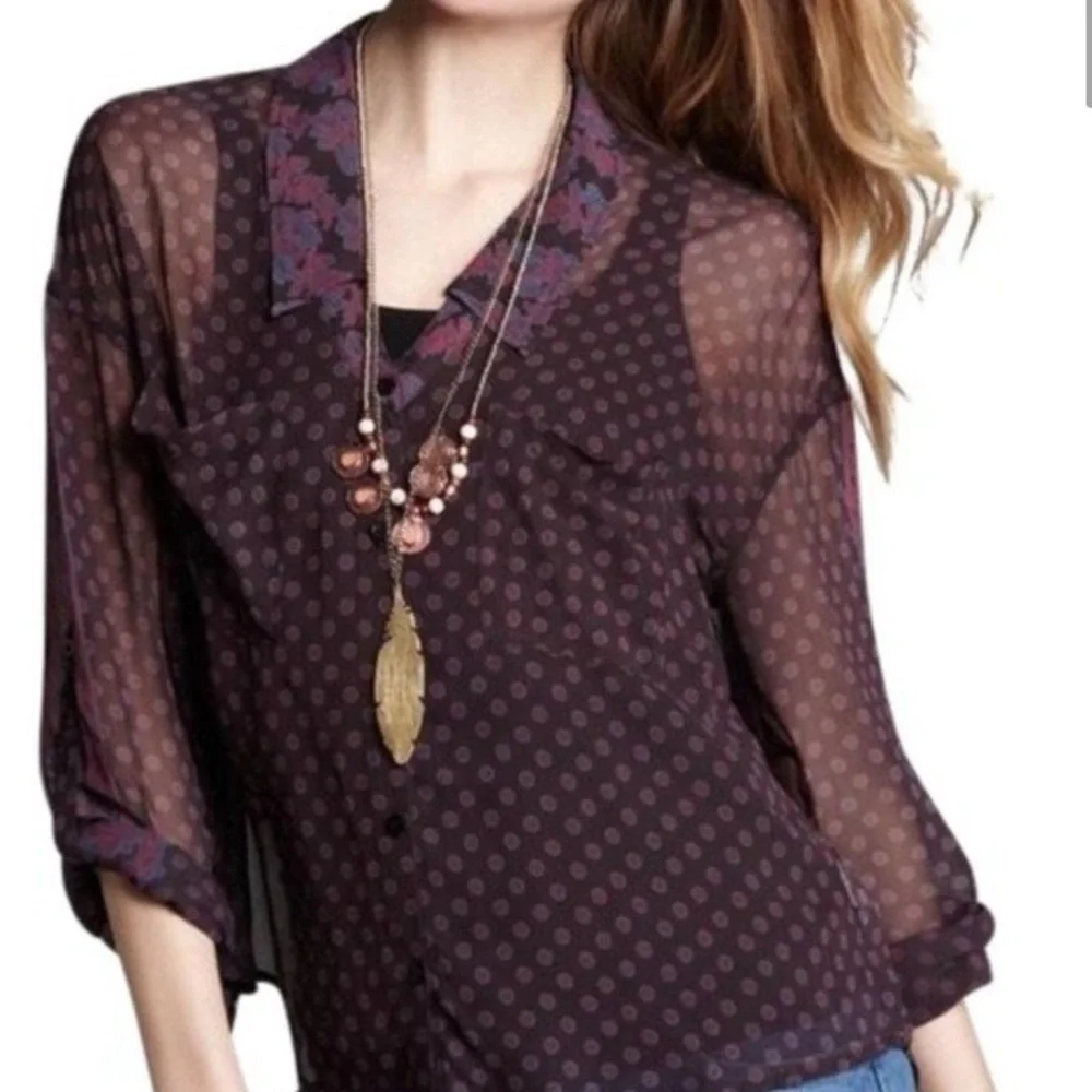 Free People Sheer Boho Button Down Blouse Size Medium - Picture 1 of 12